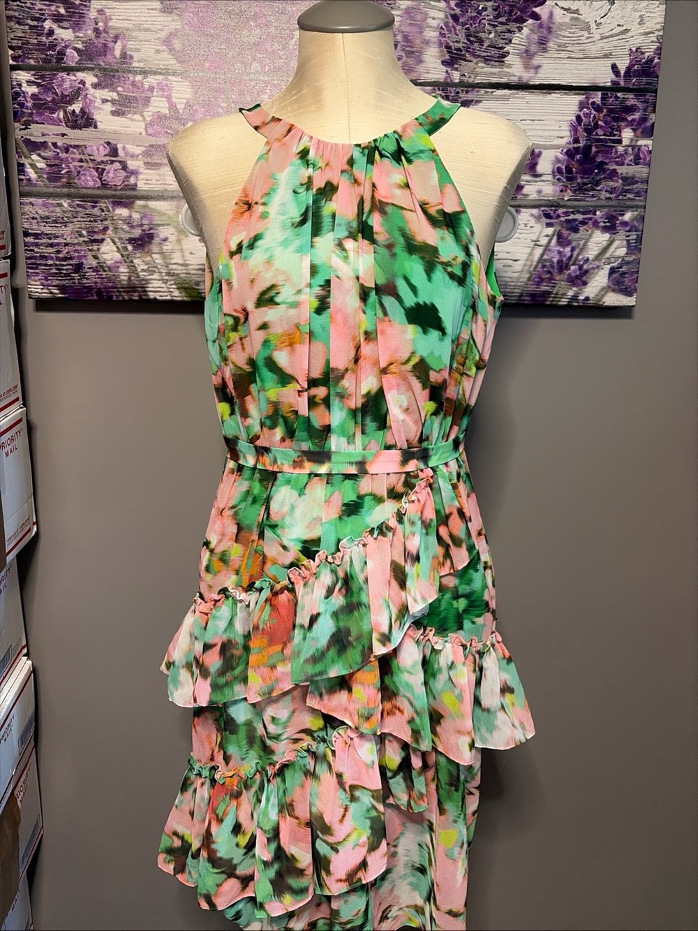 BCBGMaxAzaria Floral Tiered Halter Dress - Pink & Green Size 2 NWT Ruffled